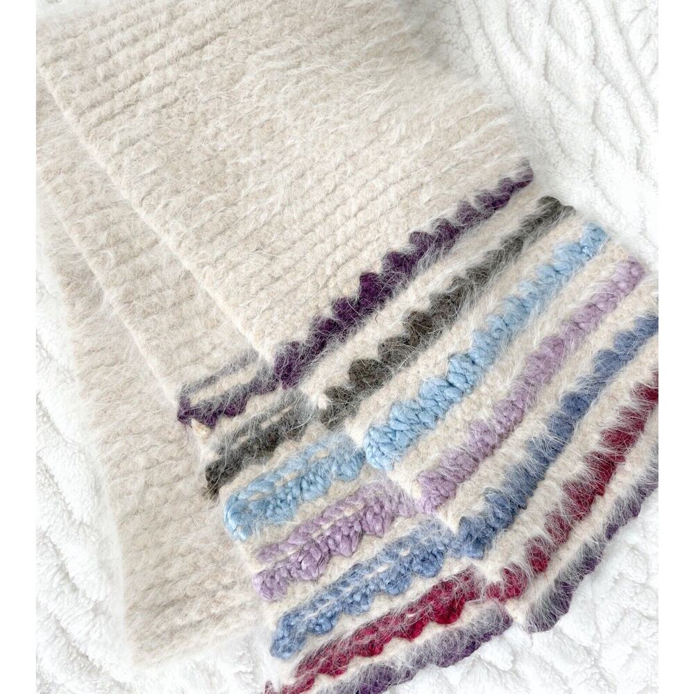 Express Knit Scarf Striped Angora Rabbit Ivory Blue Purple Magenta Winter